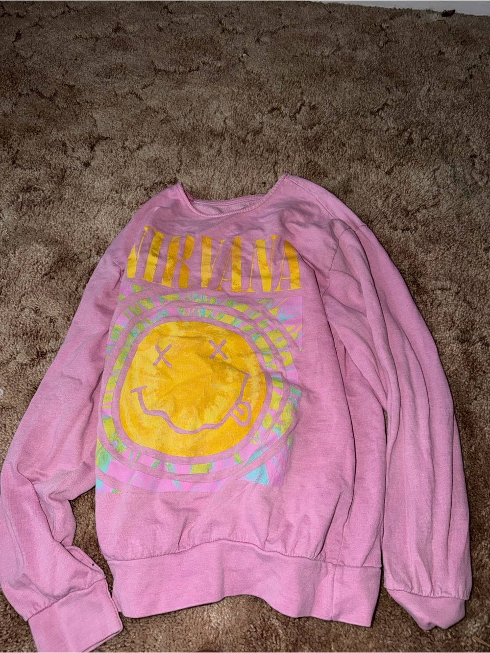 NIRVANA Pink Crewneck Sweatshirt with Yellow Smiley Graphic